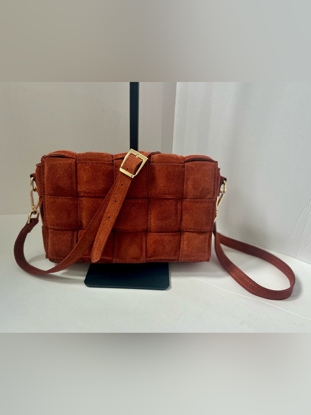 NWT Viola Castellani Suede Woven Adj Strap Bag Papaya Italy Geometric Luxury